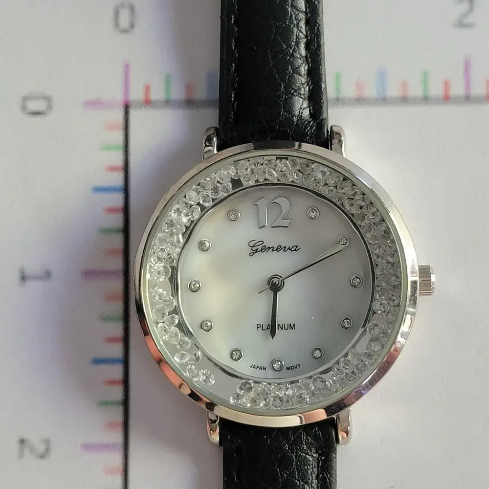 Geneva PLATINUM NO:5967 LC Womens Watch 38mm Silver Case White Dial Faux Leather